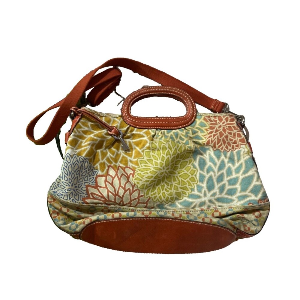 Fossil Leather Trim Floral Canvas Adj Strap Bag Satchel Boho Multicolor Medium